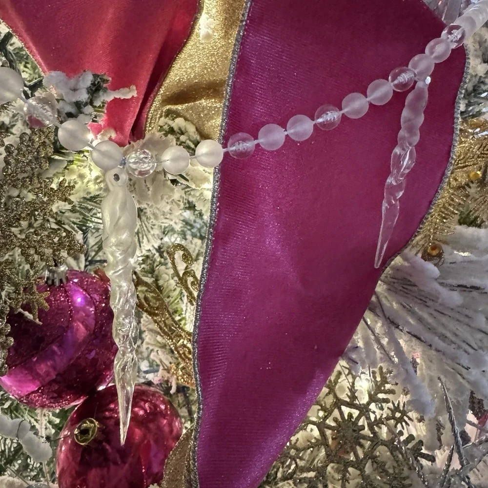 2 Vintage Beaded Icicle Garland Strands 7' Christmas Trim Frosted Clear Plastic